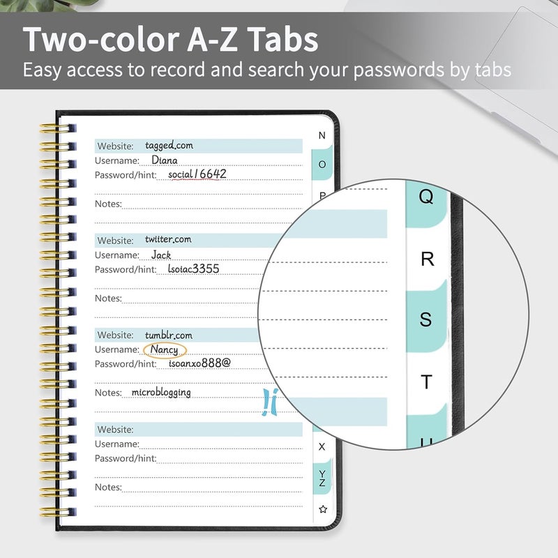 Homlive Spiral Password Book with Individual Alphabetical Tabs, Hardcover Password Keeper Book for Seniors, Password Notebook for Home or Office & Website Address Login-Black, 5.7" x 7.7" - Image 3